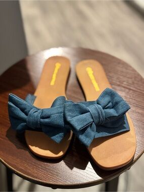 Denim Bow-Accent Slide Sandals